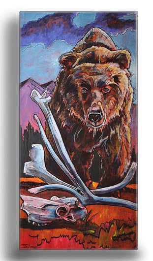Brown Bear Standing Over Bones Metal Wall Art