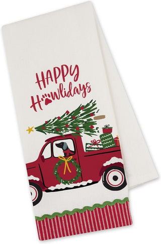 Christmas Dish Towel with a dog driving a red truck