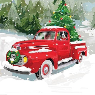 Christmas Napkin with a dog driving a red truck