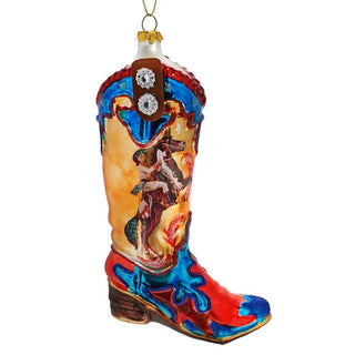 Christmas Ornament that is a blue, red, and brown boot with a man riding a horse