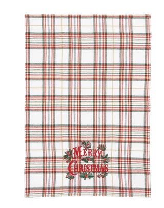 Merry Christmas Embroidered Plaid Dish Towel