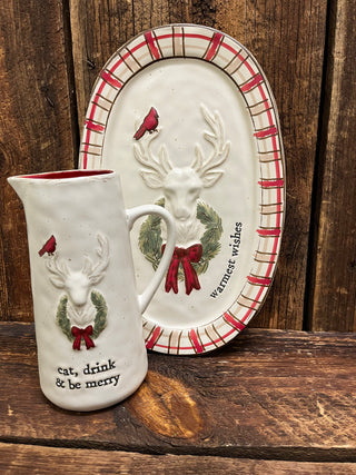 Red and White Christmas Dish and gravy pourer with a Reindeer Theme 