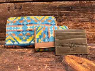 Blue, Yellow, and Orange Pendleton Wallet and a Brown Leather Pendleton Wallet
