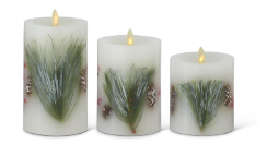 LED White Wax Berry and Pine Luminara Pillar Candle w/ Remote Set of 3
