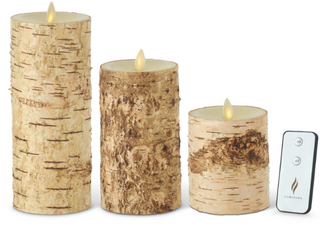 LED Birch Bark Wax Luminara Pillar Candle w/ Remote Set of 3