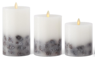 LED White Wax Pinecone Luminara Pillar Candle w/ Remote Set of 3