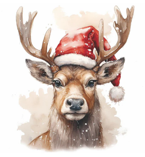 Deer with Santa Hat (Beverage Napkin)