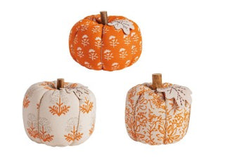 Block Print Fabric Pumpkin w/ Wood Stem