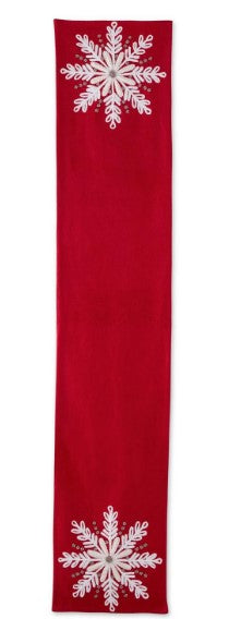 Red Wool Beaded Snowflake Applique Runner 72"