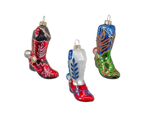 Glass Silver, Red, Blue Cowboy Boot Ornament