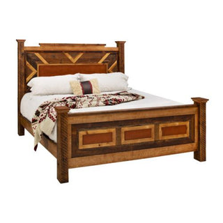 Wooden Bed frame with a mattress with a white blanket