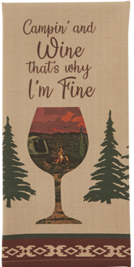 A camping and wine themed dish towel