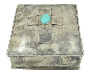 J. Alexander Silver Box w/ Dimples and Cross w/Turquoise Stone