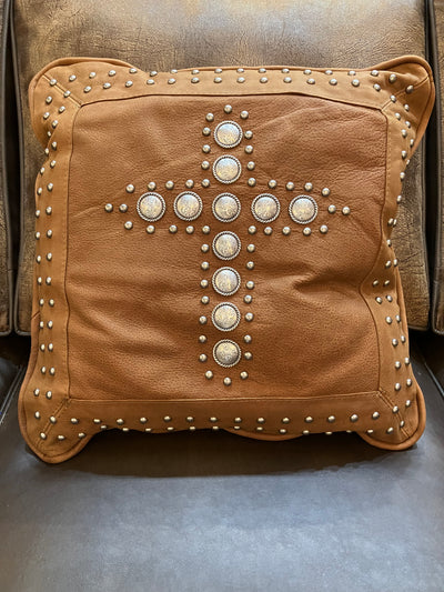 Tan Leather Pillow with Concho Cross
