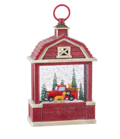 Christmas Lighted Barn with Dogs & Red Truck