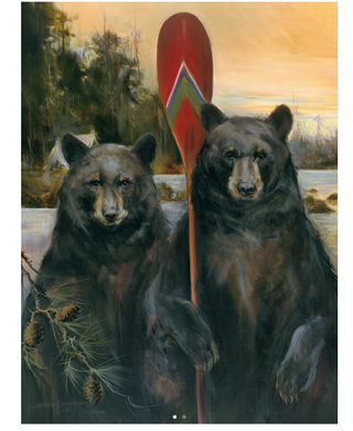 Two Black Bears Standing Side by Side with a Red Paddle Canvas Wall Art