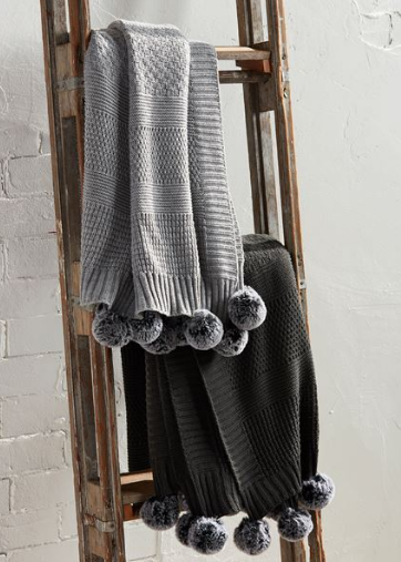Knit Blanket With Fur Pom Poms