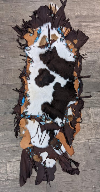 Leather & Tri Color Hide Table Runner with Turquoise Accent